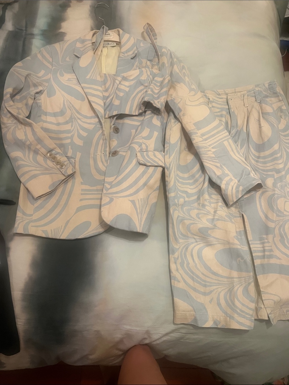 Abstract Swirl 3-Piece Blazer , Bralette & Skirt Set in Pale Blue and Cream